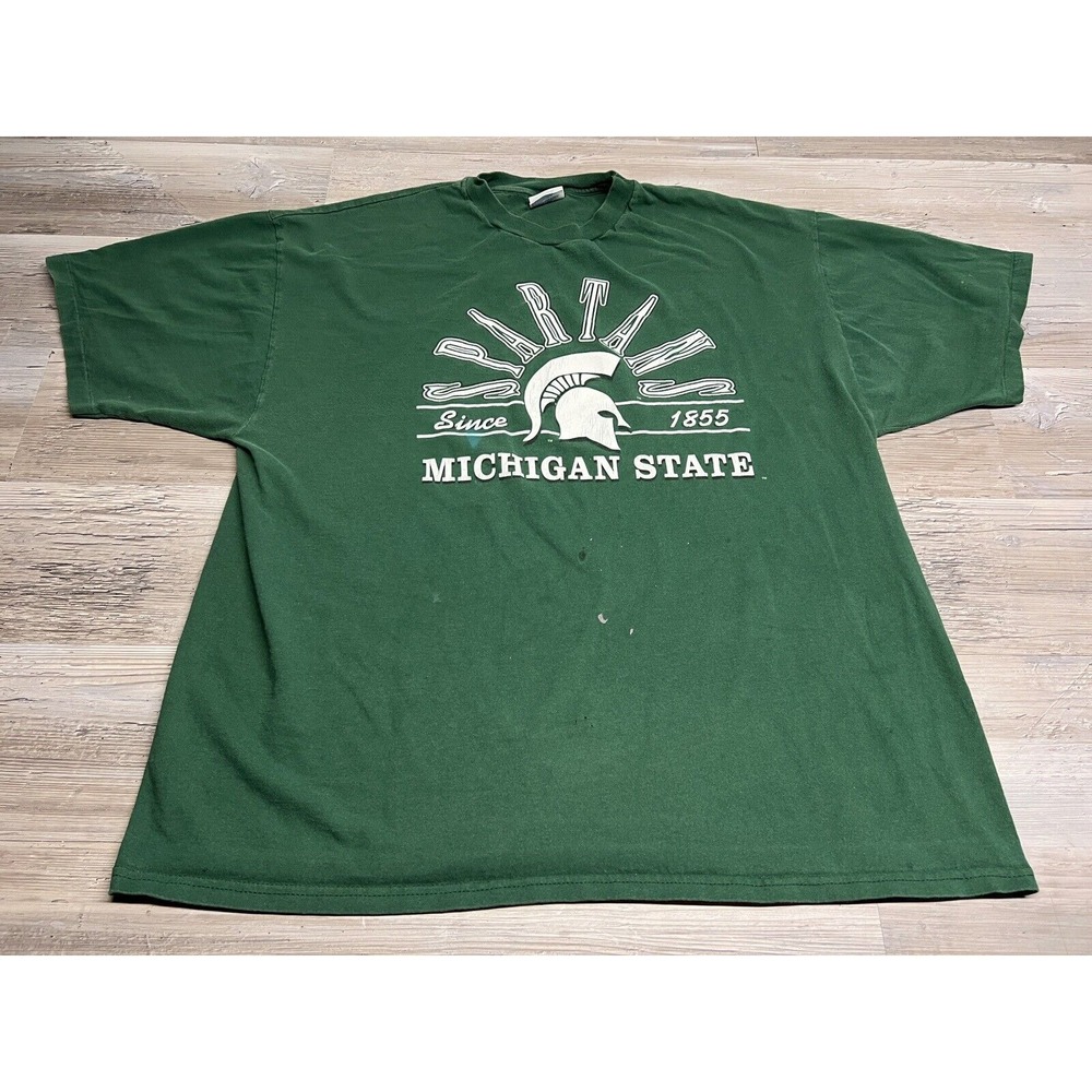Vintage 90s Michigan State Spartans T-Shirt Sun Faded Green Sz 2XL Single Stitch